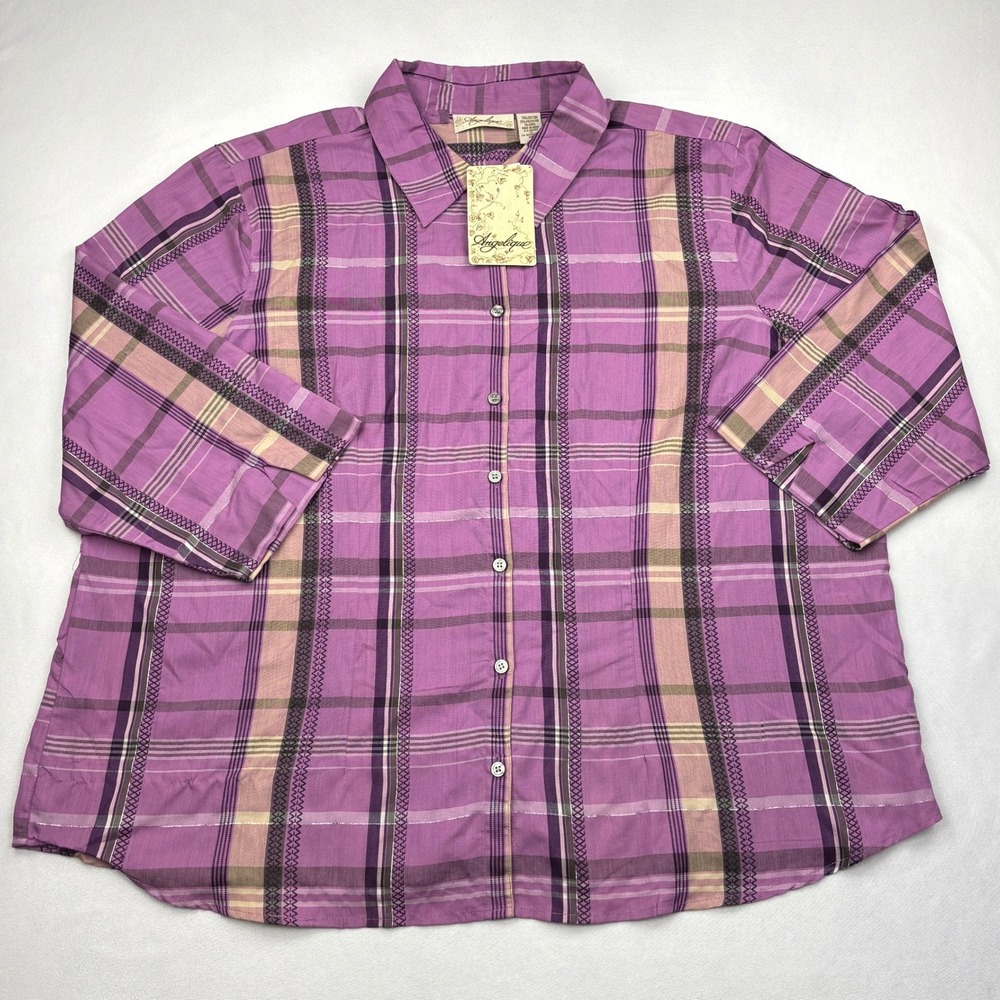 NWT Angelique Womens 3X Purple Plaid Button Front Shirt 3/4 Sleeve Lurex Shimmer